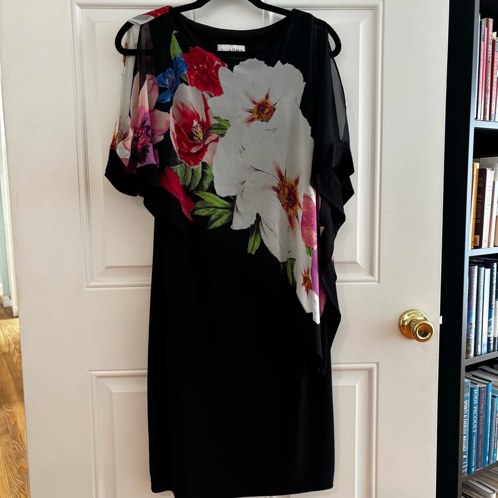 Joseph Ribkoff Black/Multi Floral Chiffon Overlay Slit Sleeve Sheath Dress Sz 8